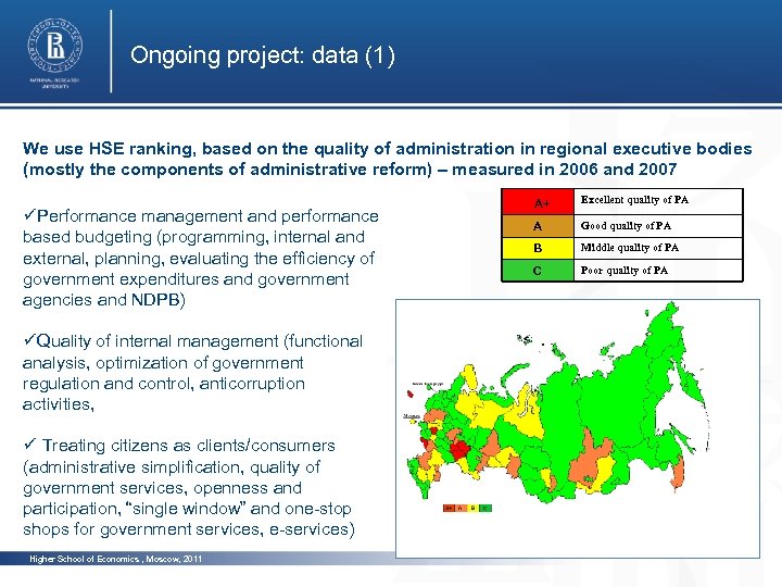 Ongoing project: data (1) We use HSE ranking, based on the quality of administration