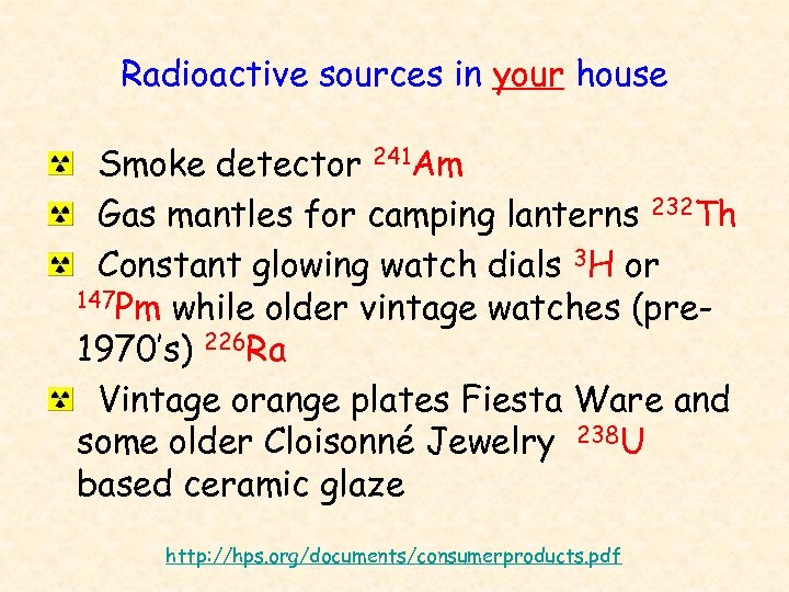 Radioactive sources in your house Smoke detector 241 Am Gas mantles for camping lanterns