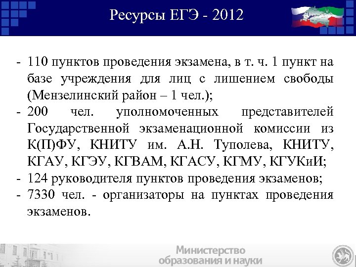Ресурсы ЕГЭ - 2012 - 110 пунктов проведения экзамена, в т. ч. 1 пункт