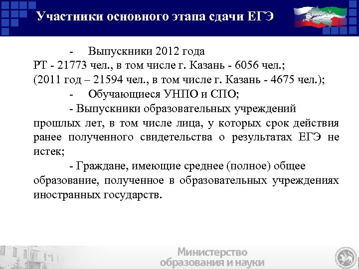 Участники основного этапа сдачи ЕГЭ - Выпускники 2012 года РТ - 21773 чел. ,