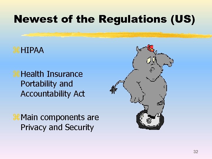 Newest of the Regulations (US) z HIPAA z Health Insurance Portability and Accountability Act