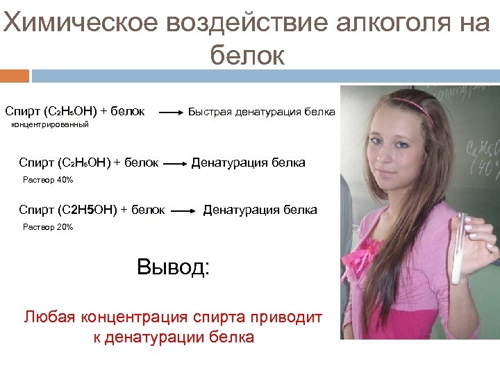 Химическое воздействие алкоголя на белок Спирт (C 2 H 5 OH) + белок Быстрая