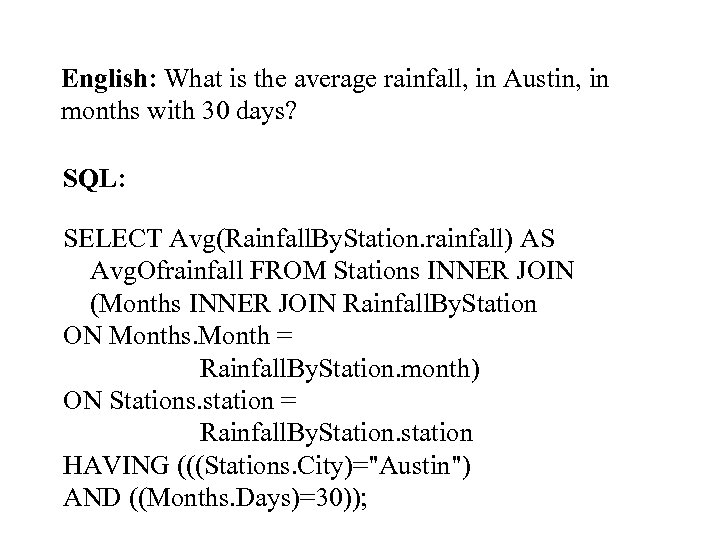 English: What is the average rainfall, in Austin, in months with 30 days? SQL: