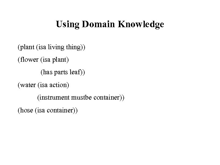 Using Domain Knowledge (plant (isa living thing)) (flower (isa plant) (has parts leaf)) (water