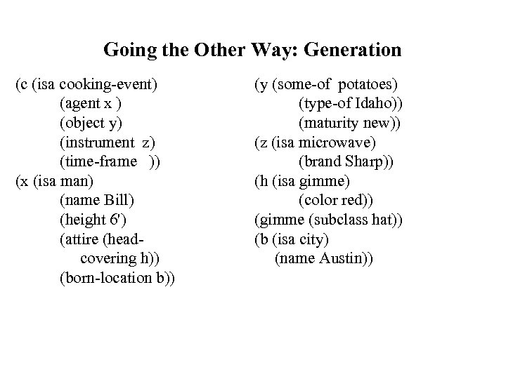 Going the Other Way: Generation (c (isa cooking-event) (agent x ) (object y) (instrument