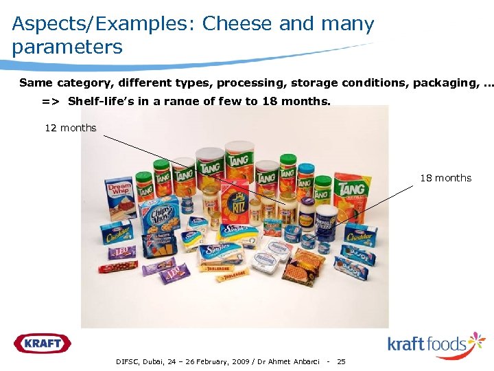 Aspects/Examples: Cheese and many parameters Same category, different types, processing, storage conditions, packaging, …