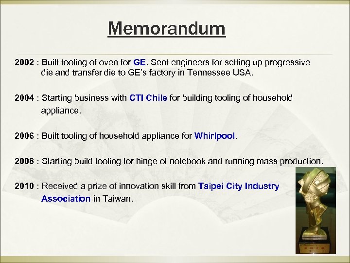 Memorandum 2002 : Built tooling of oven for GE. Sent engineers for setting up