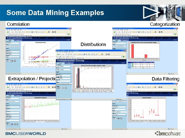 Some Data Mining Examples Correlation Categorization Distributions Extrapolation / Projection Data Filtering 