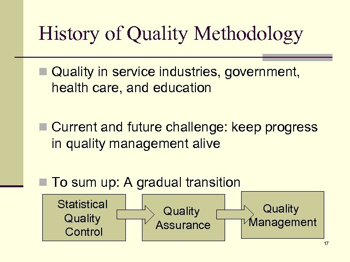 History of Quality Methodology n Quality in service industries, government, health care, and education