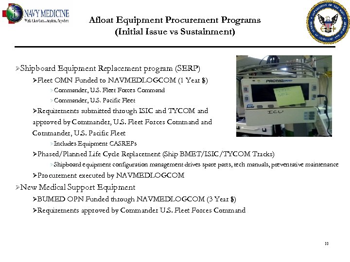 Afloat Equipment Procurement Programs (Initial Issue vs Sustainment) ØShipboard ØFleet Equipment Replacement program (SERP)