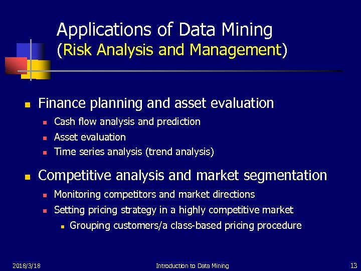 Applications of Data Mining (Risk Analysis and Management) n Finance planning and asset evaluation