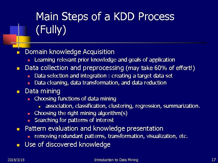 Main Steps of a KDD Process (Fully) n Domain knowledge Acquisition n n Data