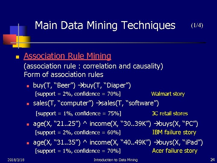 Main Data Mining Techniques n (1/4) Association Rule Mining (association rule : correlation and