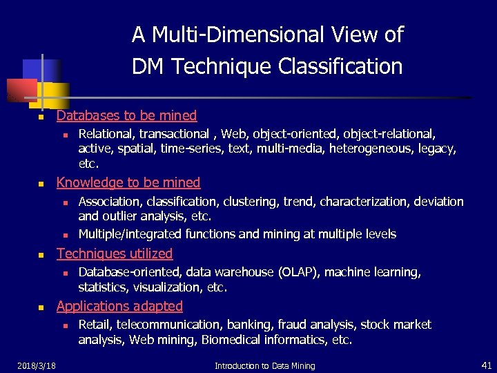 A Multi-Dimensional View of DM Technique Classification n Databases to be mined n n