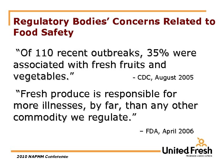Regulatory Bodies’ Concerns Related to Food Safety “Of 110 recent outbreaks, 35% were associated