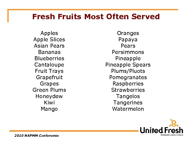 Fresh Fruits Most Often Served Apples Apple Slices Asian Pears Bananas Blueberries Cantaloupe Fruit