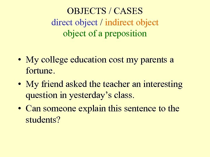 OBJECTS / CASES direct object / indirect object of a preposition • My college