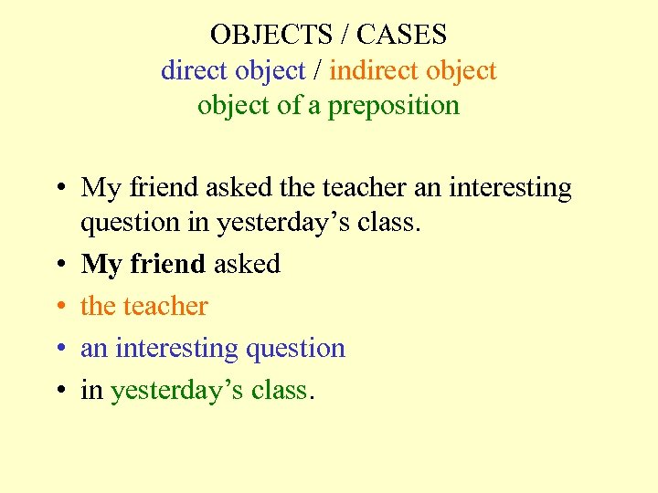 OBJECTS / CASES direct object / indirect object of a preposition • My friend