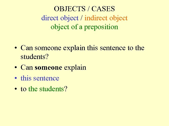 OBJECTS / CASES direct object / indirect object of a preposition • Can someone