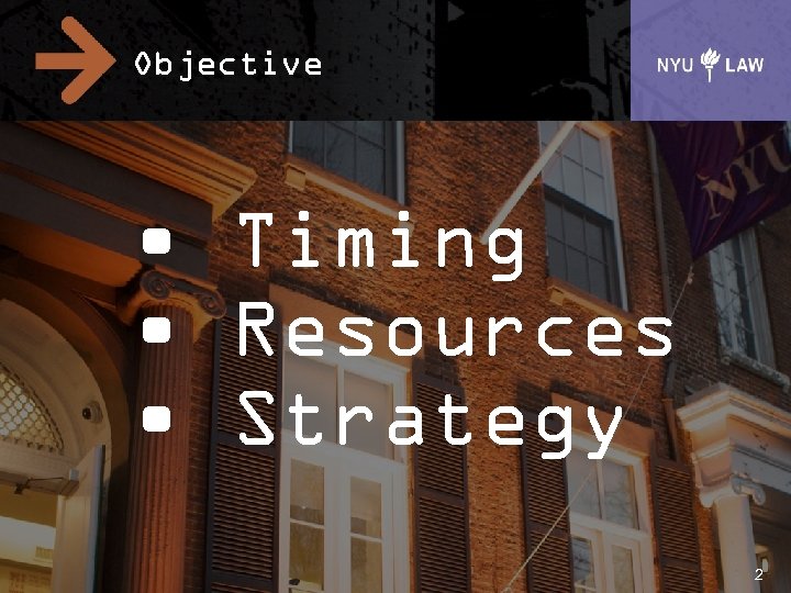 Objective • Timing • Resources • Strategy 2 