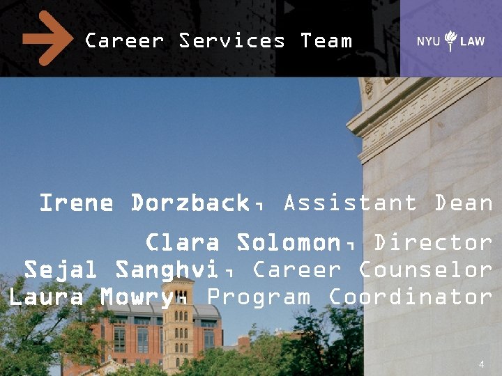 Career Services Team Irene Dorzback, Assistant Dean Clara Solomon, Director Sejal Sanghvi, Career Counselor