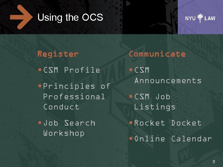 Using the OCS Register Communicate • CSM Profile • CSM Announcements • Principles of