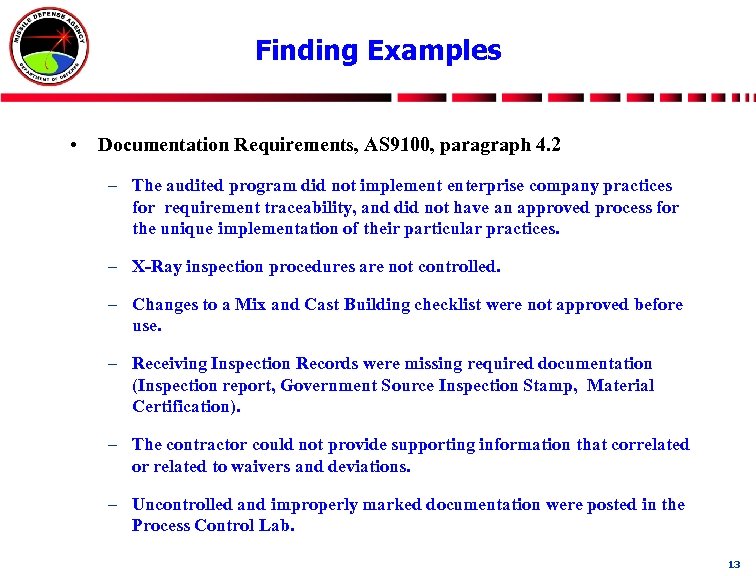 Finding Examples • Documentation Requirements, AS 9100, paragraph 4. 2 – The audited program