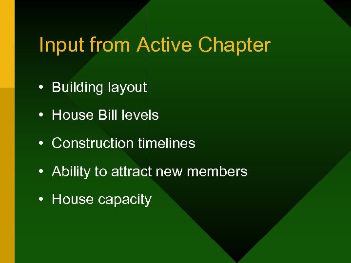 Input from Active Chapter • Building layout • House Bill levels • Construction timelines