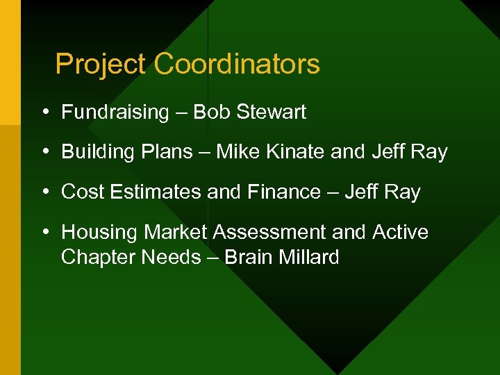 Project Coordinators • Fundraising – Bob Stewart • Building Plans – Mike Kinate and