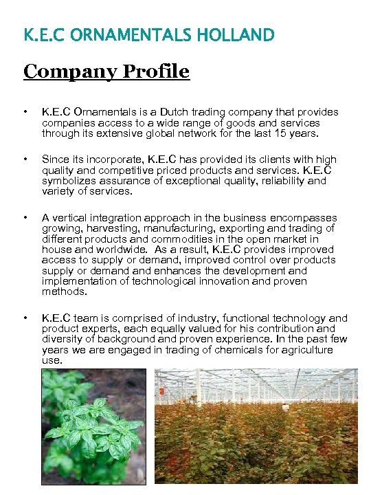 K. E. C ORNAMENTALS HOLLAND Company Profile • K. E. C Ornamentals is a