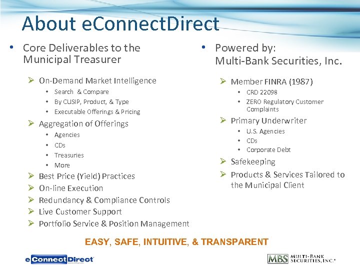 About e. Connect. Direct • Core Deliverables to the Municipal Treasurer Ø On-Demand Market