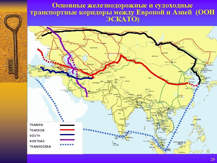 Основные железнодорожные и судоходные транспортные коридоры между Европой и Азией (ООН ЭСКАТО) TRANSIB TRACECA