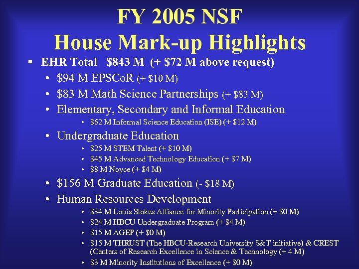 FY 2005 NSF House Mark-up Highlights § EHR Total $843 M (+ $72 M