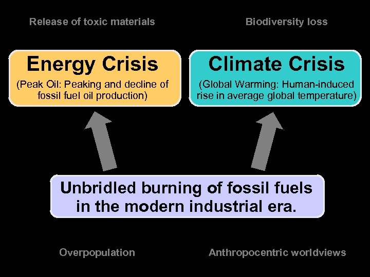 Release of toxic materials ENERGY Biodiversity loss Energy Crisis Climate Crisis (Peak Oil: Peaking