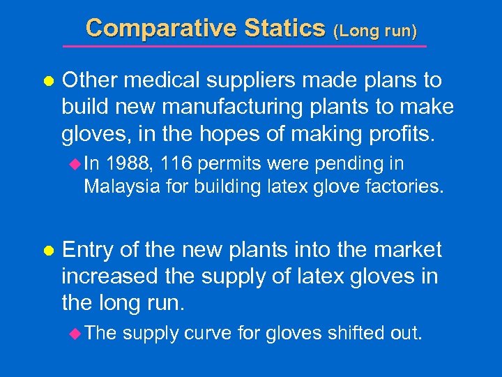 Comparative Statics (Long run) l Other medical suppliers made plans to build new manufacturing