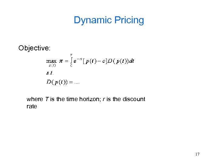 Dynamic Pricing Objective: where T is the time horizon; r is the discount rate