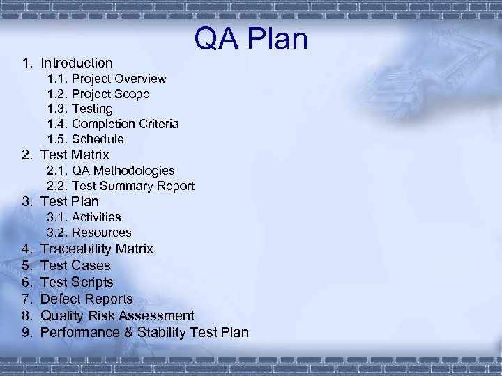1. Introduction 1. 1. 1. 2. 1. 3. 1. 4. 1. 5. QA Plan