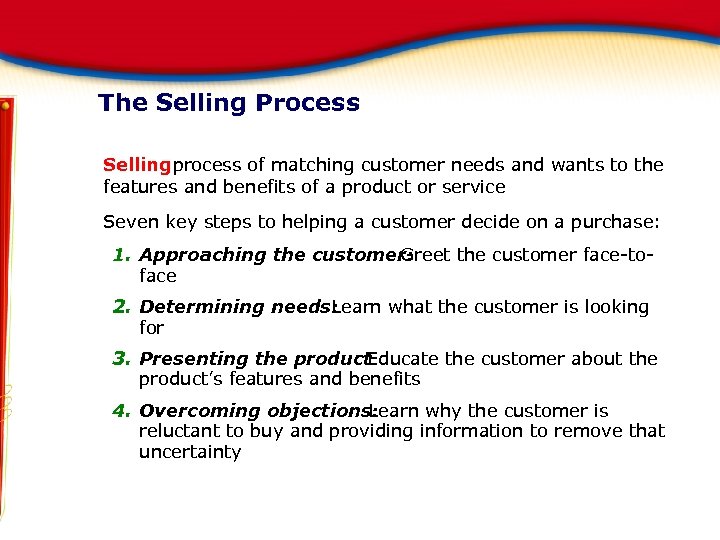 The Selling Process Selling process of matching customer needs and wants to the features