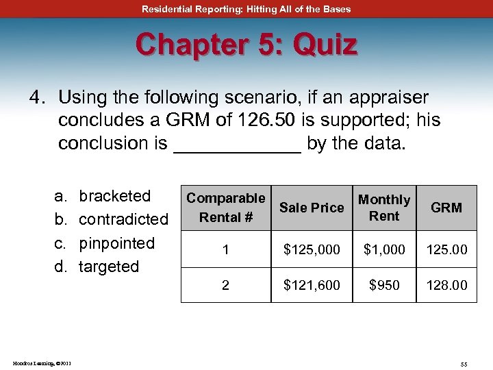 Residential Reporting: Hitting All of the Bases Chapter 5: Quiz 4. Using the following