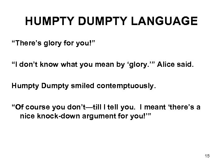 HUMPTY DUMPTY LANGUAGE “There’s glory for you!” “I don’t know what you mean by