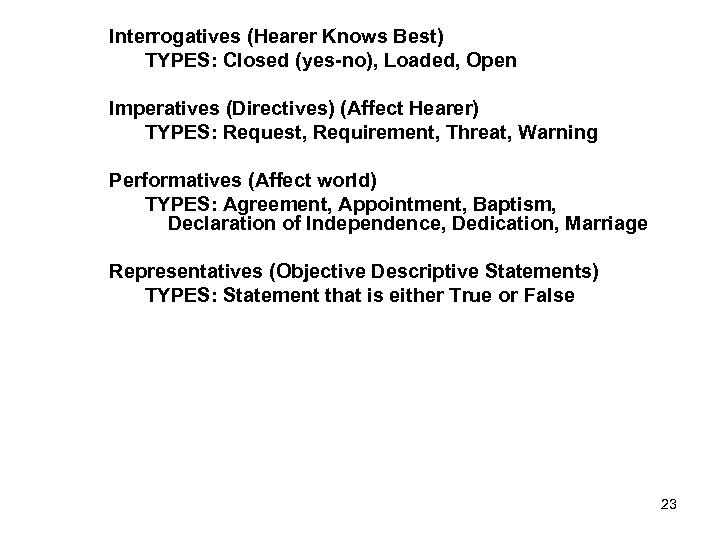 Interrogatives (Hearer Knows Best) TYPES: Closed (yes-no), Loaded, Open Imperatives (Directives) (Affect Hearer) TYPES: