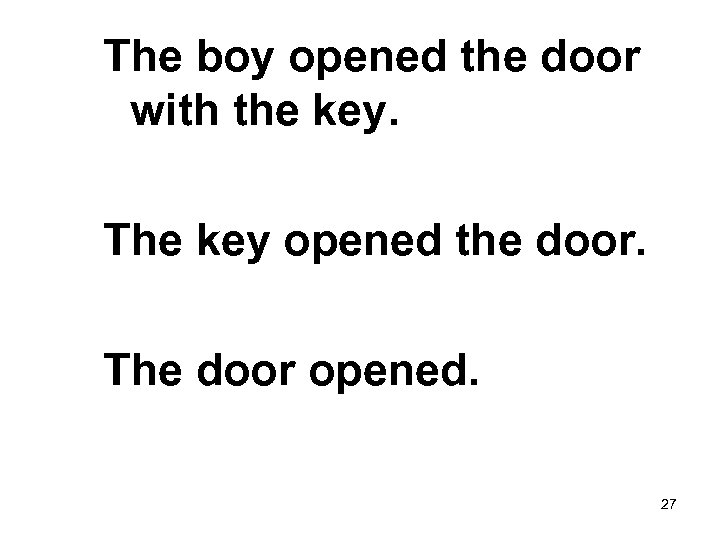 The boy opened the door with the key. The key opened the door. The
