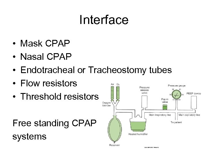 Interface • • • Mask CPAP Nasal CPAP Endotracheal or Tracheostomy tubes Flow resistors