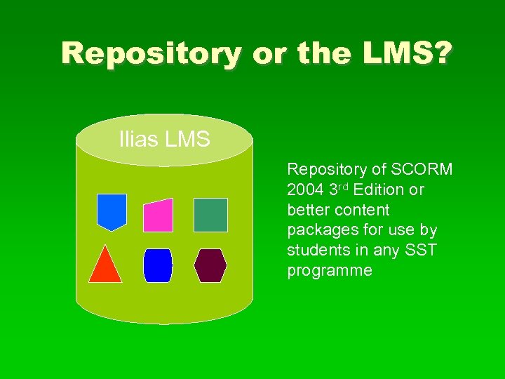 Repository or the LMS? Ilias LMS Repository of SCORM 2004 3 rd Edition or