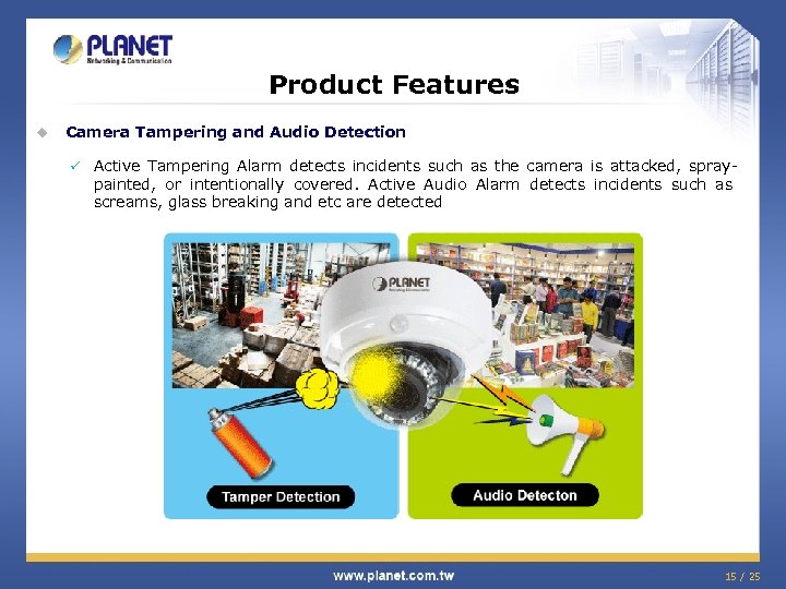 Product Features u Camera Tampering and Audio Detection ü Active Tampering Alarm detects incidents