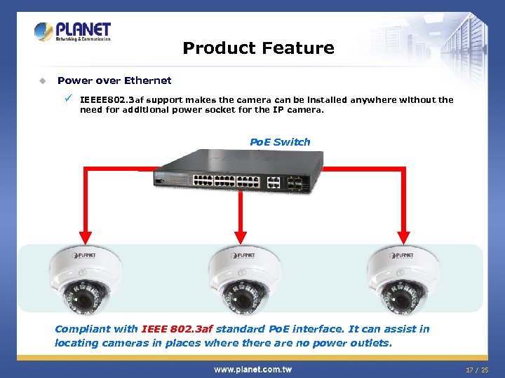 Product Feature u Power over Ethernet ü IEEEE 802. 3 af support makes the