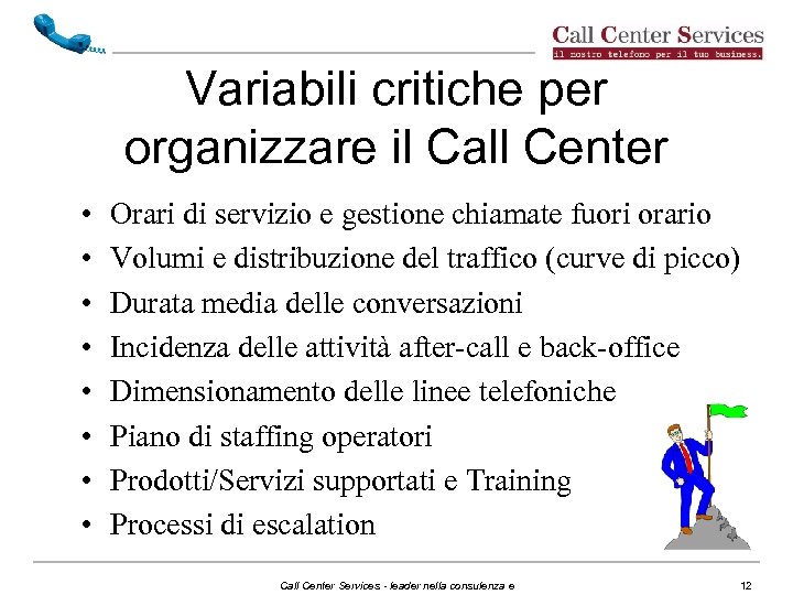 Variabili critiche per organizzare il Call Center • • Orari di servizio e gestione