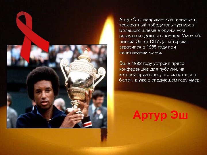 Артур Эш, американский теннисист, трехкратный победитель турниров Большого шлема в одиночном разряде и дважды