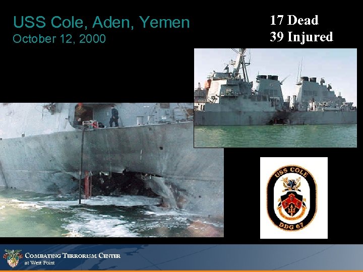 USS Cole, Aden, Yemen October 12, 2000 COMBATING TERRORISM CENTER at West Point 17
