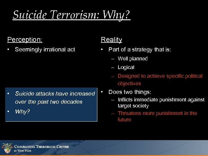 Suicide Terrorism: Why? Perception: Reality • Seemingly irrational act • Part of a strategy